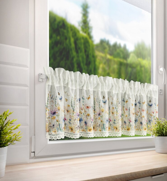 Bijelo-žuta kuhinjska zavjesa od gaze ukrašena cvjetnim printom i čipkom, 150x30 cm, tunel ROZALIE