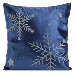 Božićna jastučnica 45x45 cm, tamnoplavi baršun, ukrašena motivom pahuljice od sjajnih kristala