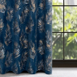 Tamnoplava zavjesa od mekog baršuna sa sjajnim printom palminog lišća 140x250 Gloria 