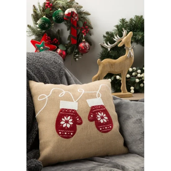 Božićna jastučnica s aplikacijom s rukavicama lan 45x45