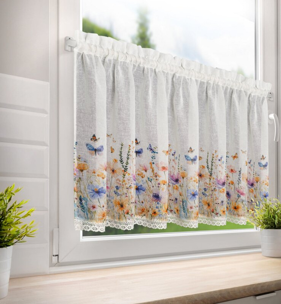 Bijelo-žuta kuhinjska zavjesa od gaze ukrašena cvjetnim printom i čipkom, 150x60 cm, tunel ROZALIE