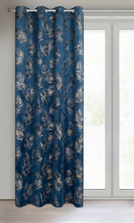 Tamnoplava zavjesa od mekog baršuna sa sjajnim printom palminog lišća 140x250 Gloria 