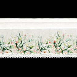 Bijelo-zelena kuhinjska zavjesa od gaze ukrašena cvjetnim printom i čipkom, 150x30 cm, ESTERA tunel