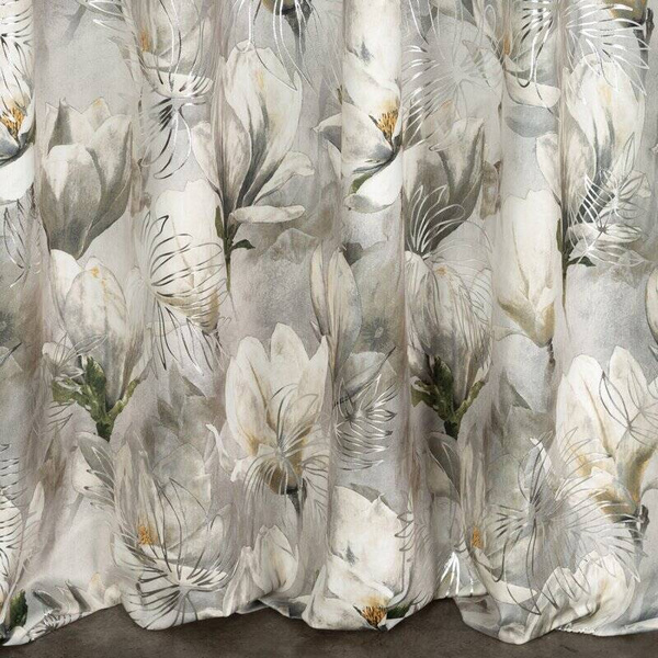 Zavjesa od baršuna s floralnim printom istaknutim srebrnim listićima sa flex trakom140x300 cm siva, Sandy