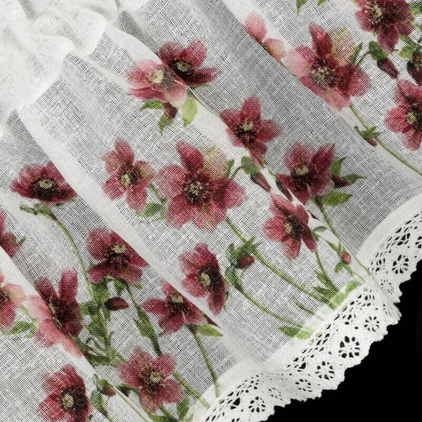 Zavjesa za kuhinju ukrašena printom crvenog cvijeća i čipkom 150x30 cm Isa
