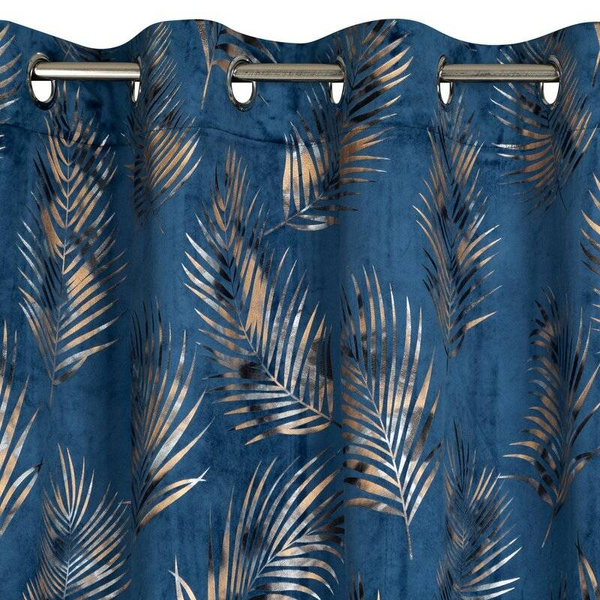 Tamnoplava zavjesa od mekog baršuna sa sjajnim printom palminog lišća 140x250 Gloria 