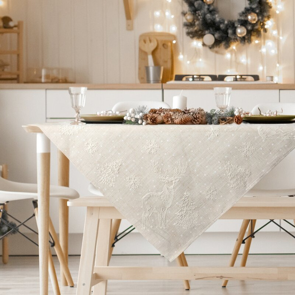 Božićni stolnjak 85x85 cm ukrašen nježnim printom, bež, lanena struktura
