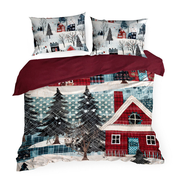Božićni set posteljine 160x200 cm od pamučnog satena, crvene, plave boje, ukrašen printom božićnog grada NIKO