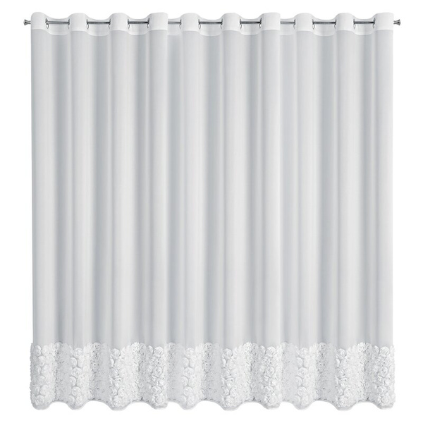 Bijela šifonska zavjesa ukrašena 3D aplikacijom ruže, 350x250 cm, s ušicama - ROSES - Eva Minge