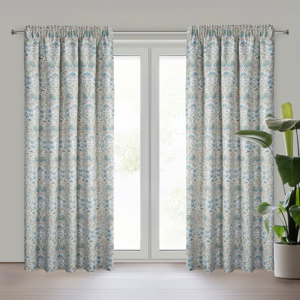 Zavjesa za zamračivanje, bijela i plava, ukrašena biljnim printom, 135x270 cm- ASHLEY