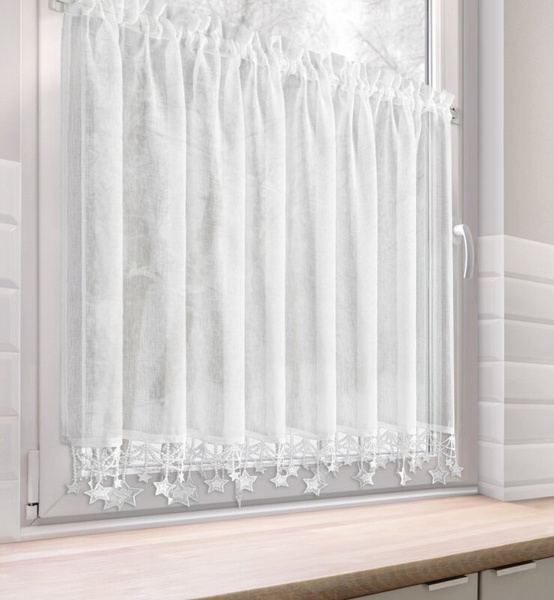 Bijela kuhinjska zavjesa od gaze ukrašena božićnim zvijezdama, tunel 150x90 cm - XMAS