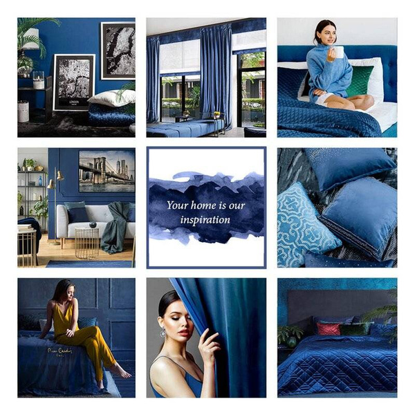 Tamnoplava zavjesa od mekog baršuna sa sjajnim printom palminog lišća 140x250 Gloria 