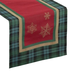 Nadstolnjak goblen s motivom zlatne pahulje i ukrasnim kariranim rubom 45x140 Cherry