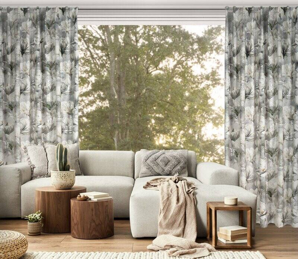 Zavjesa od baršuna s floralnim printom istaknutim srebrnim listićima sa flex trakom140x300 cm siva, Sandy