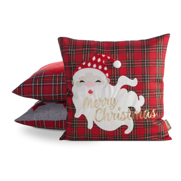 Božićna jastučnica 45x45 cm, crvena i bijela, karirana, ukrašena smiješnim vezom Djeda Mraza