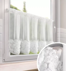 Bijela šifonska zavjesa za kuhinju ukrašena 3D ružama, 40x150 cm- ROSES11 Eva Minge