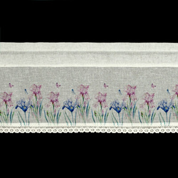 Bijela kuhinjska zavjesa od gaze ukrašena cvjetnim printom i čipkom, 150x30 cm, DOLOREZ tunel