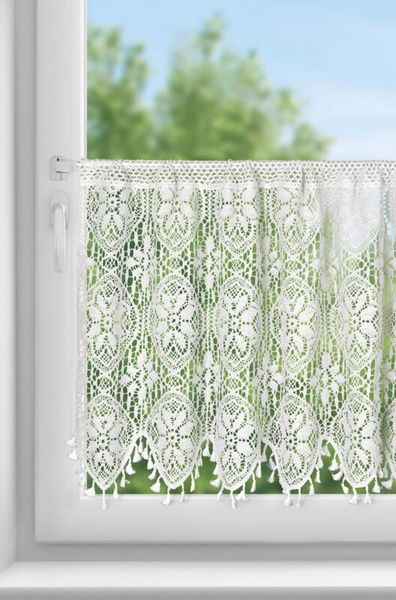 Ažurirana zavjesa za kuhinju 150x60 u boho stilu ukrašena suptilnim resama Moly