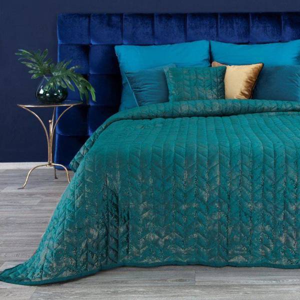 Baršunasti prekrivač za krevet tirkiz sa zlatnim ukrasima 220x240, prošiven